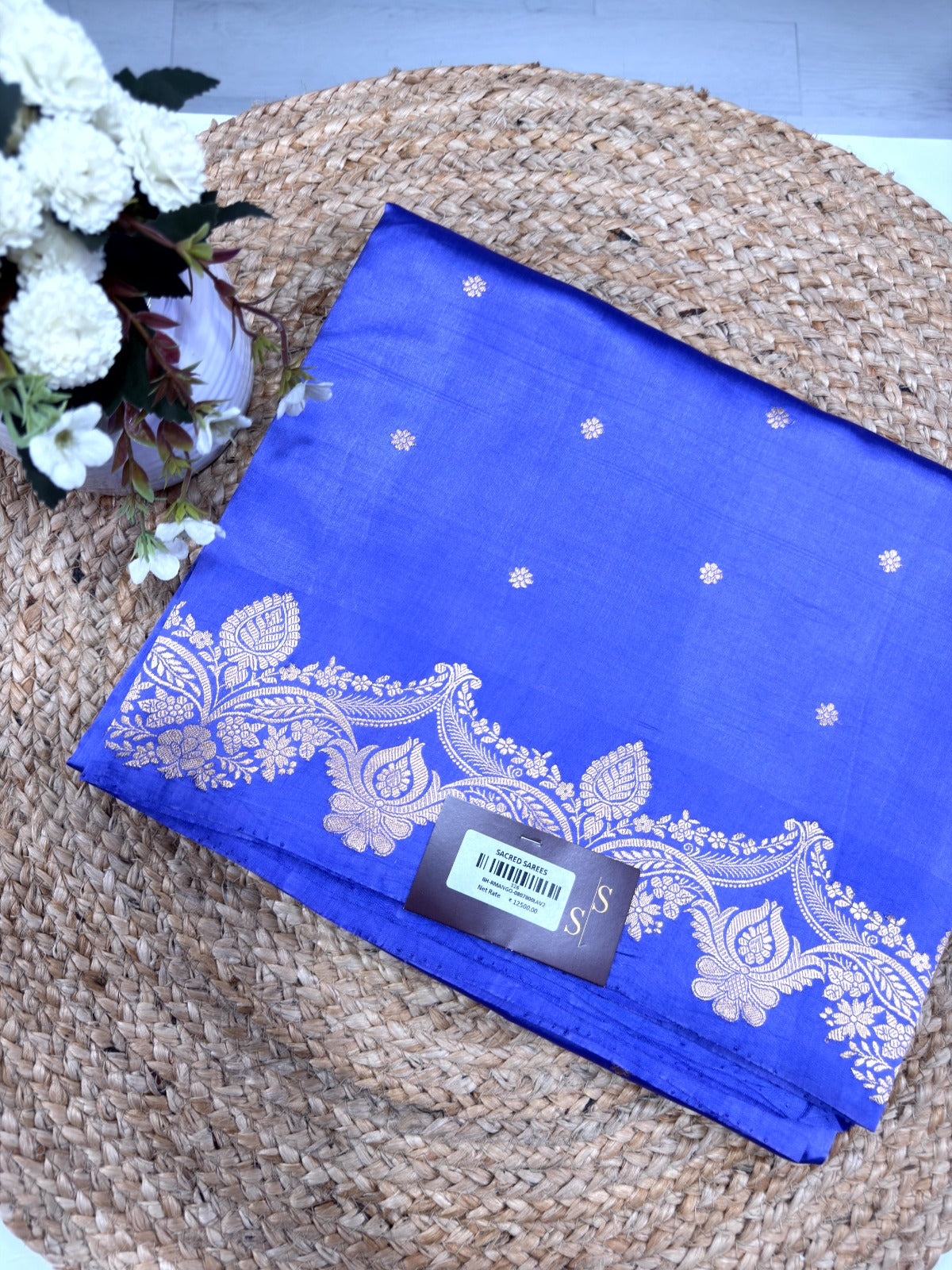 Royal Blue Raw Mango Silk Saree with Minimal Zari Buttas & Antique Floral Border - SS 326