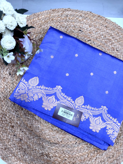 Royal Blue Raw Mango Silk Saree with Minimal Zari Buttas & Antique Floral Border - SS 326