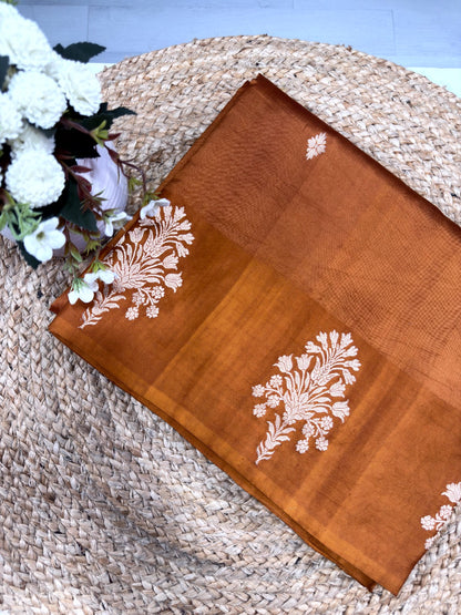 Terracotta Raw Mango Silk Saree with Minimal Zari Buttas & Antique Floral Weaving - SS 329