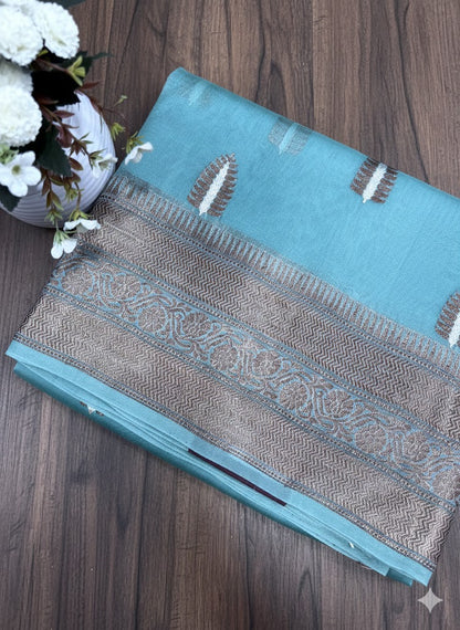 Serene Blue Silk Saree with Modern Dual-Tone Zari Buttas and Border- SS 397