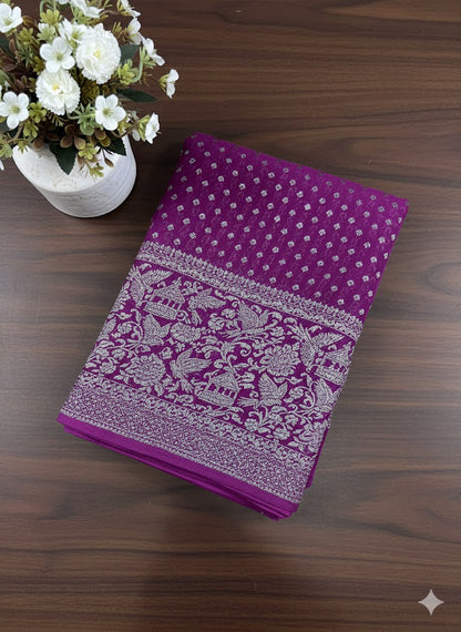 Deep Magenta Saree with All-Over Silver Zari Butti - SS 186