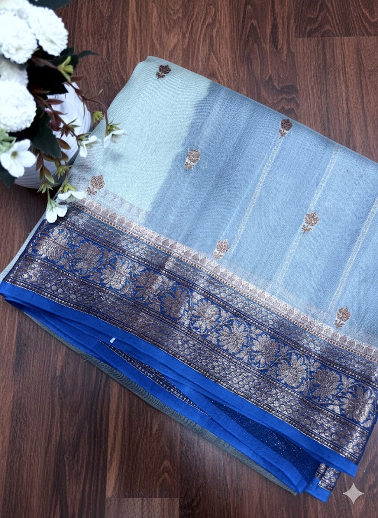 Pale Pistachio Silk Saree with Contrast Navy Blue and Copper Zari Border - SS 303