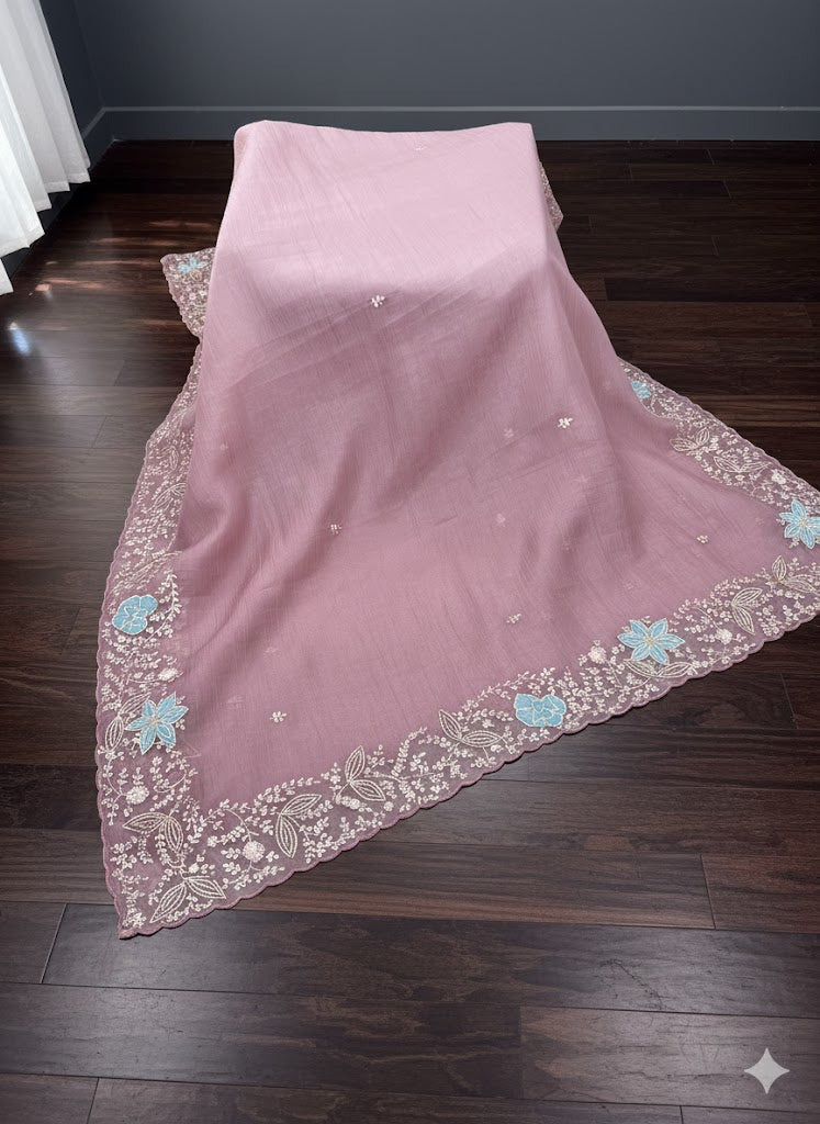 Dusty Rose Fancy Saree with Blue Floral Embroidered Border & Subtle Handwork - SS 386