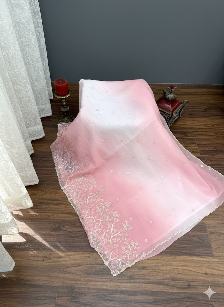 Baby Pink Ombre Fancy Saree with Gold Floral Embroidered Border & Subtle Handwork - SS 372