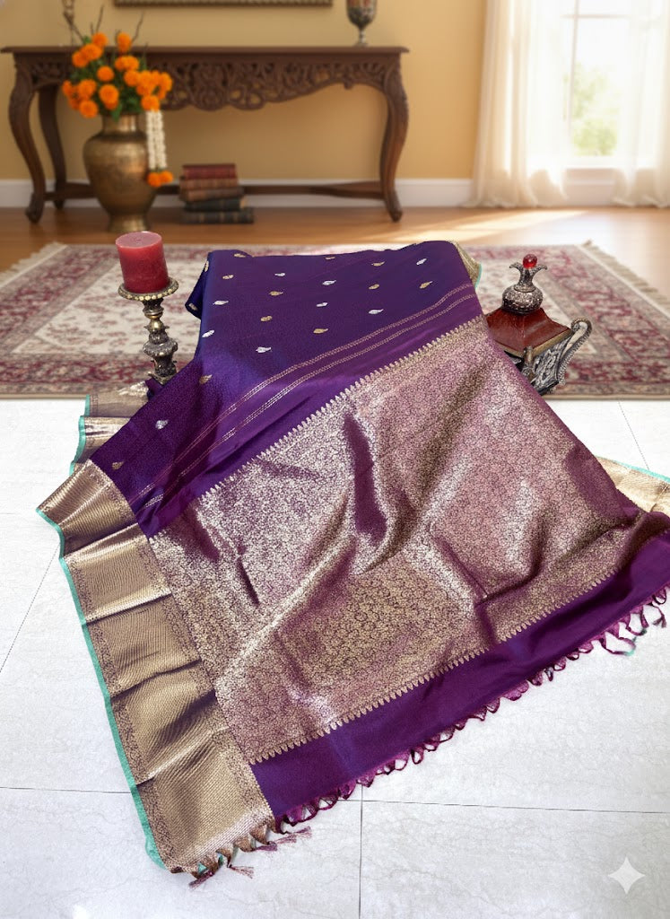 Majestic Amethyst: Deep Purple Kanchivaram Silk Saree with Traditional Golden Zari Work - SS 367