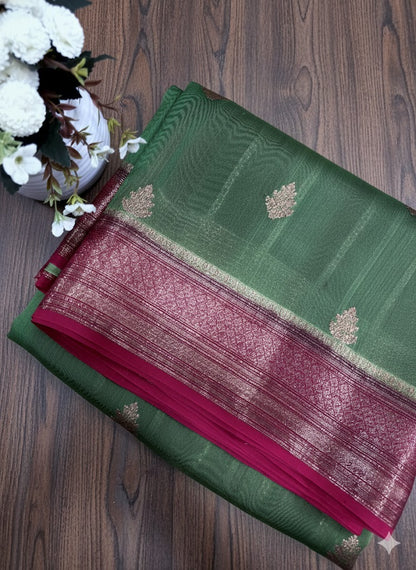 Vivid Lime Green Saree with Rich Maroon and Copper Zari Border - SS 307