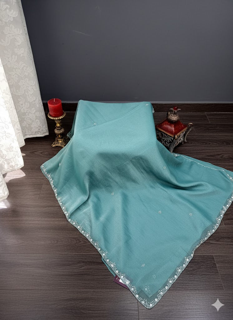 Sea Green Fancy Saree with Pearl-Embroidered Border & Subtle Handwork - SS 414
