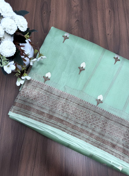 Pastel Sage Green Saree with Rich Antique Gold Zari Border - SS 396