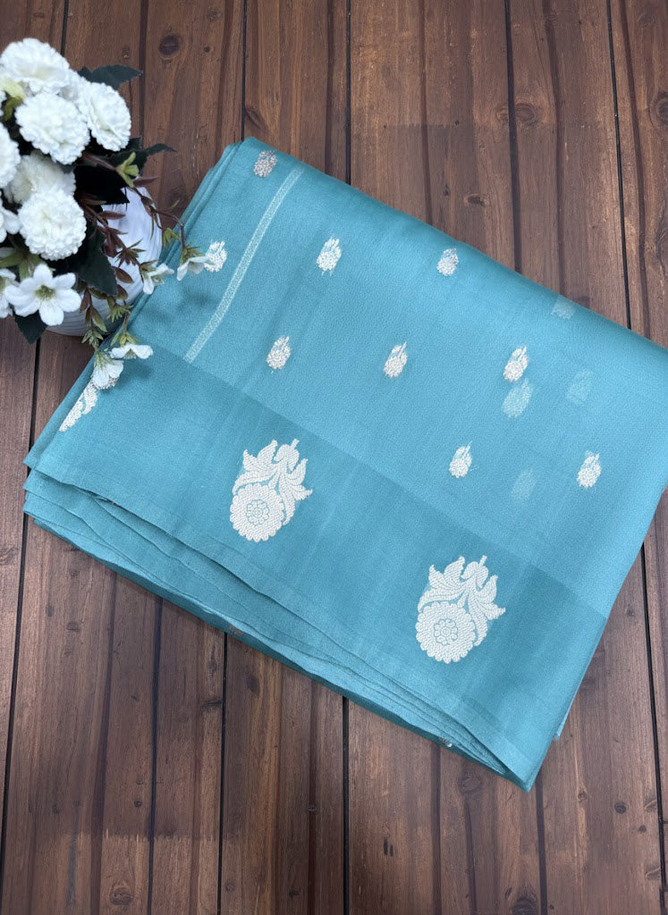 Serene Aqua Blue with Silver and Gold Floral Weave - SS 221
