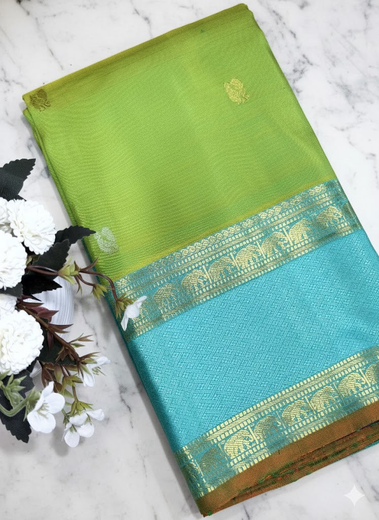 Lime Green Silk Saree with Contrasting Teal Border and Golden Zari - SS 381
