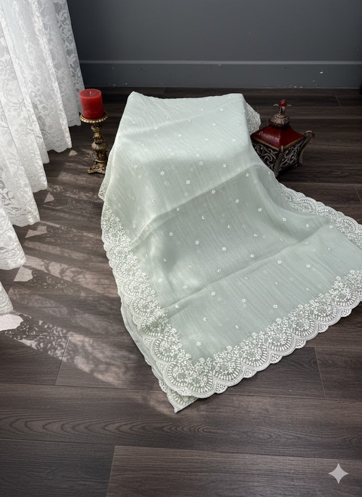 Mint Green Fancy Saree with White Heavy Lace Embroidered Border & Delicate Motifs - SS 417