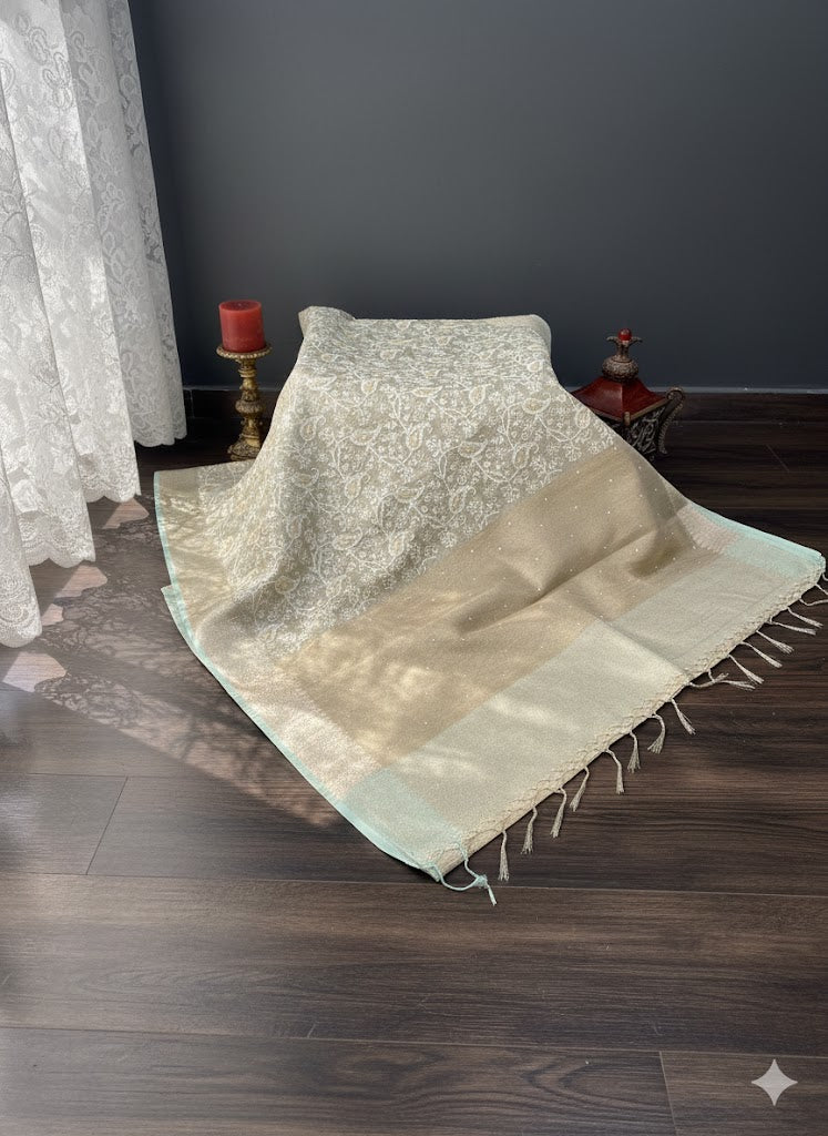 Mint Gold Fancy Saree with Intricate Floral Weaving & Elegant Tassel Border - SS 351