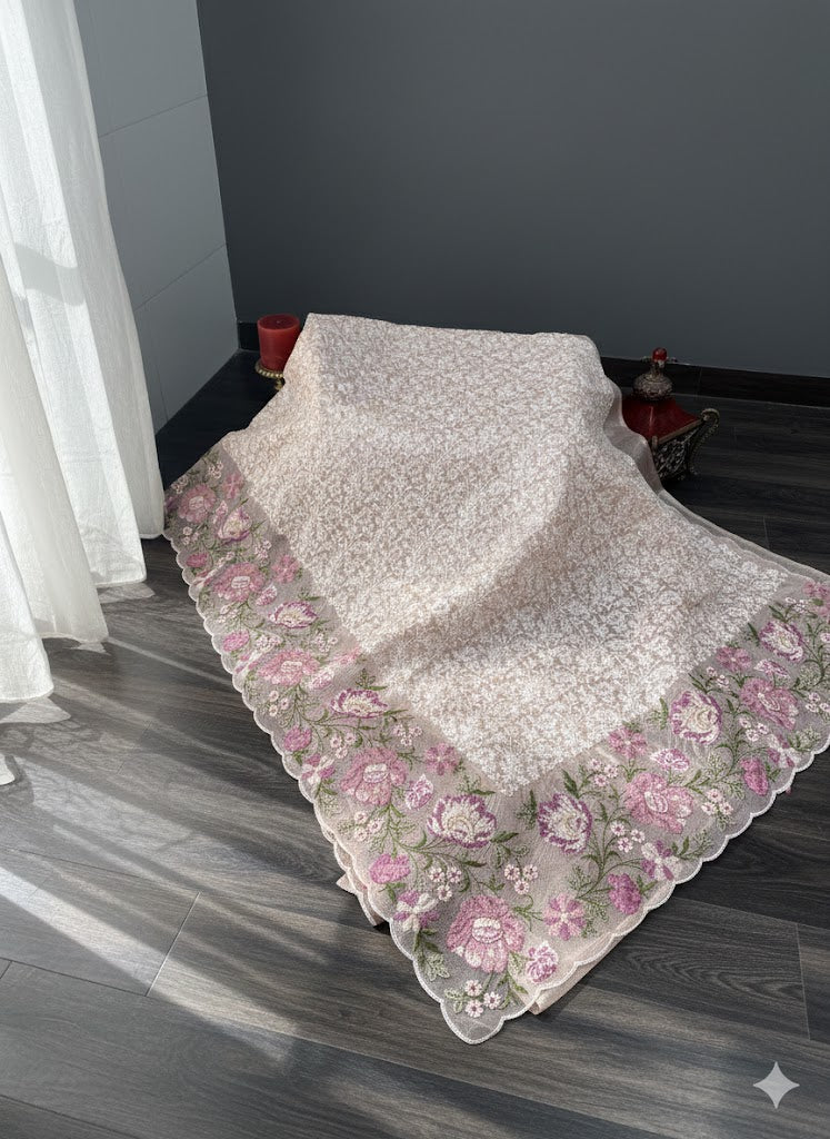 Soft Beige Floral Embroidered Fancy Saree with Scalloped Border Detailing - SS 376