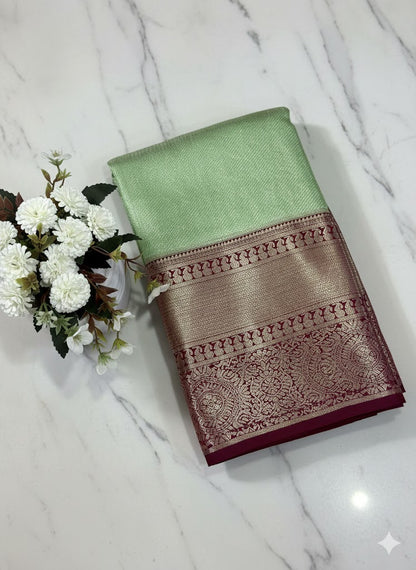 Pastel Green Silk Saree with Grand Antique Gold and Maroon Zari Border - SS 437