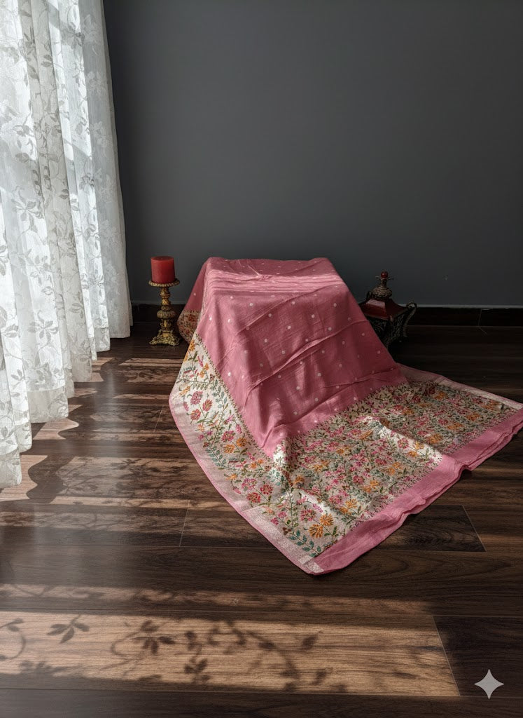 Blush Pink Fancy Saree with Multicolor Floral Embroidered Border & Subtle Motif Detailing - SS 361