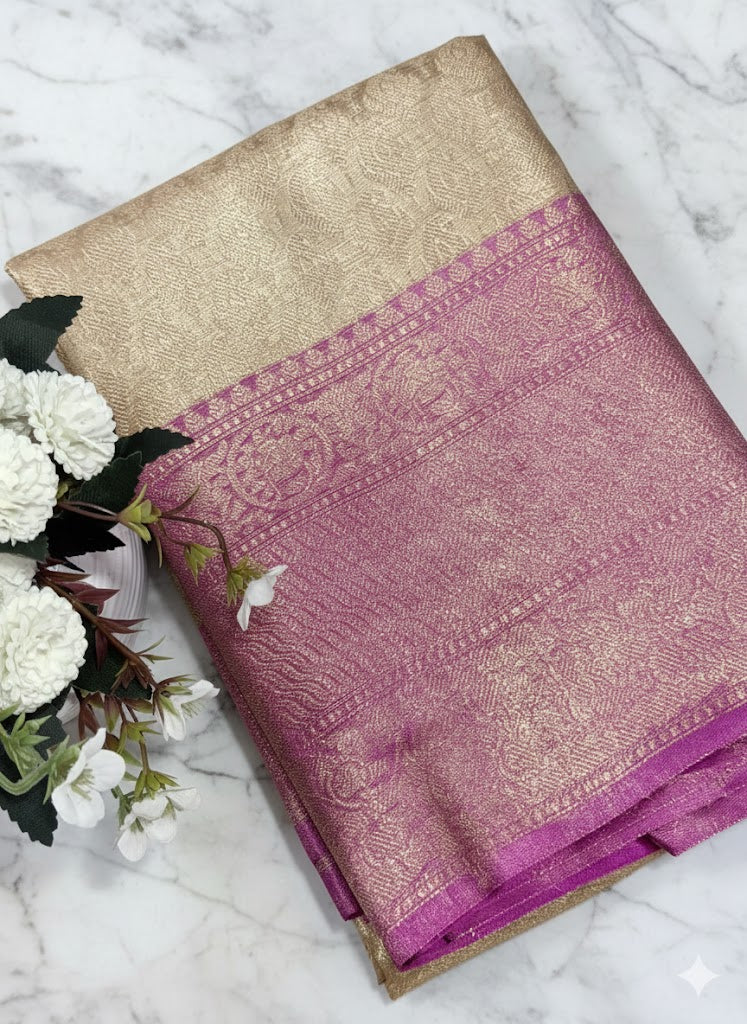 Champagne Gold Silk Saree with Rani Pink Contrast Border - SS 438