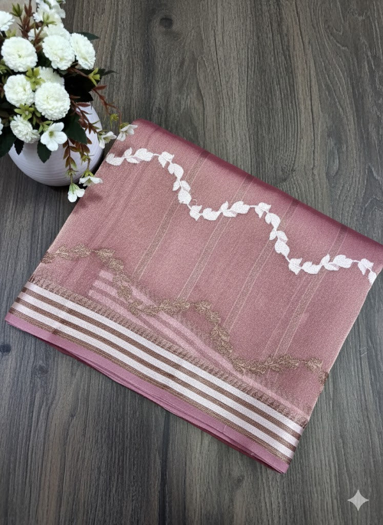 Dusty Rose Silk Saree with Threadwork Vine and Striped Border - SS 308
