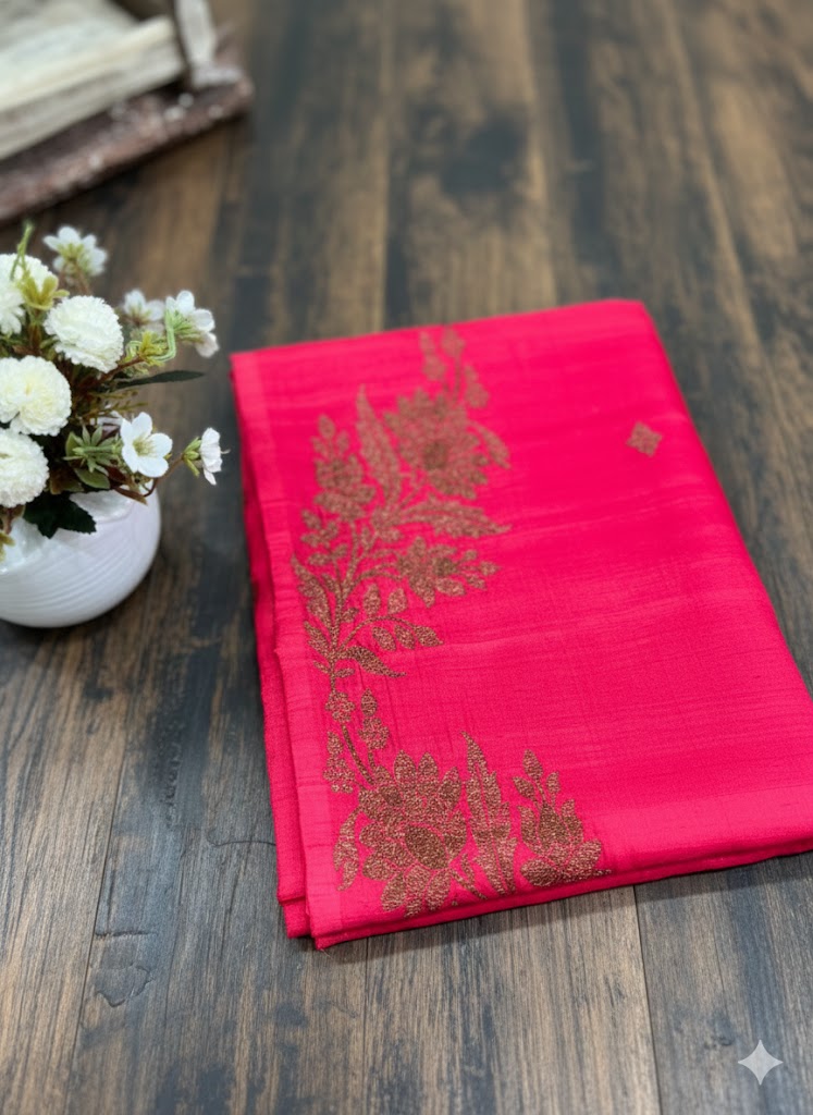 Bright Pink Silk Saree with Intricate Copper Zari and Thread Embroidery - SS 317