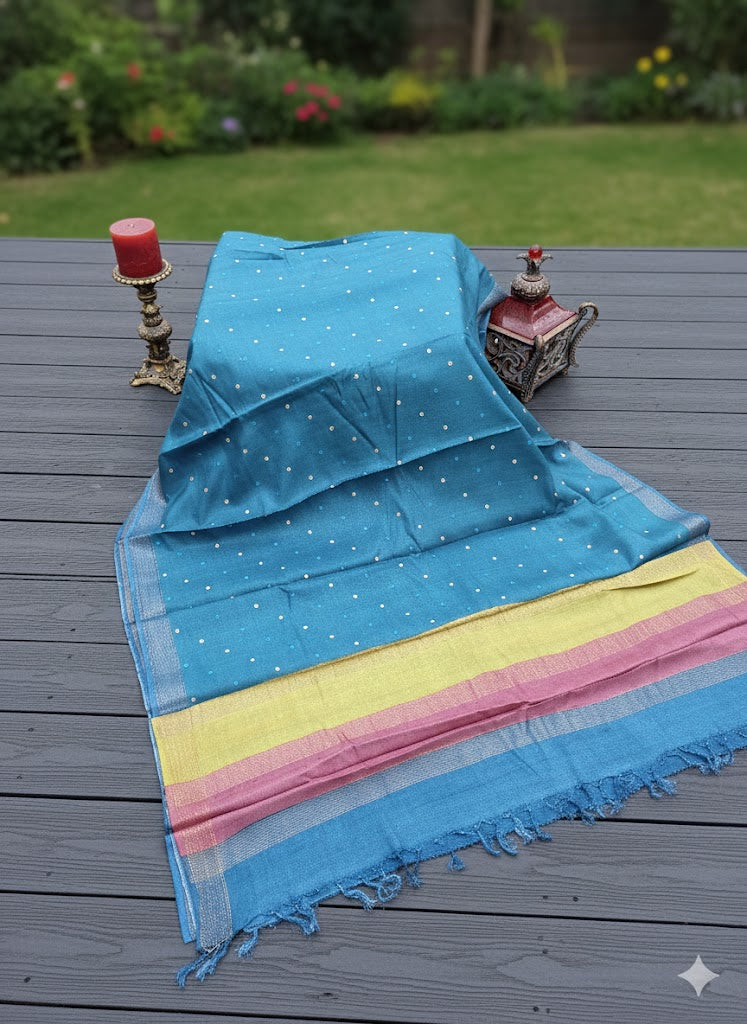 Steel Blue Tussar Silk Saree with Mirror and Zari Embroidery - SS 259