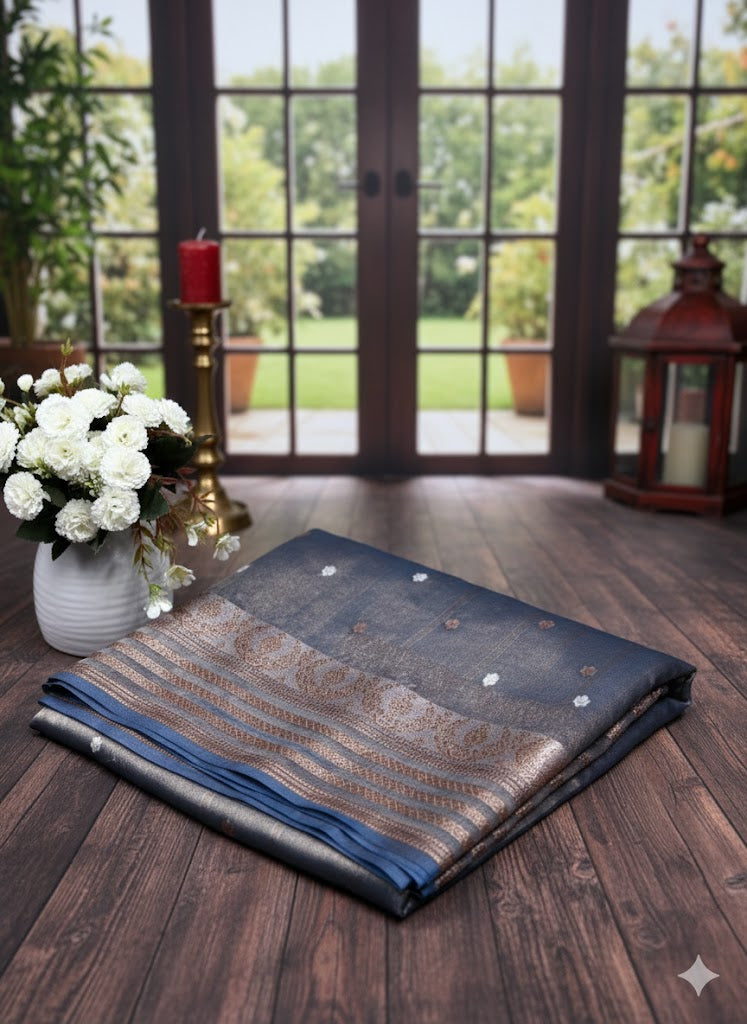 Charcoal Black Metallic Linen Saree with Copper and Silver Zari Motifs - SS 296