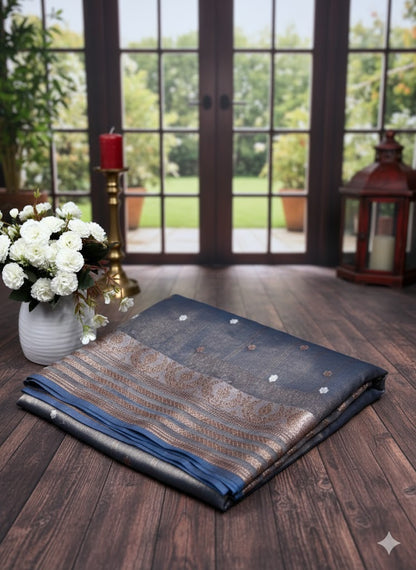 Charcoal Black Metallic Linen Saree with Copper and Silver Zari Motifs - SS 296