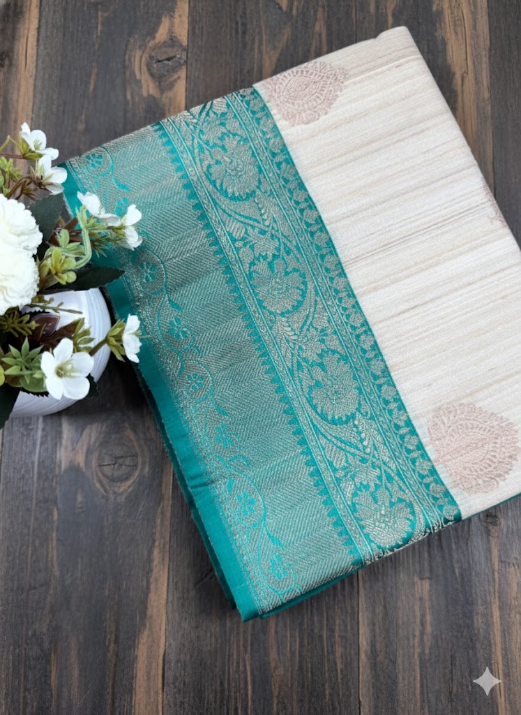Classic Beige Silk Saree with Contrast Teal and Gold Zari Border - SS 318
