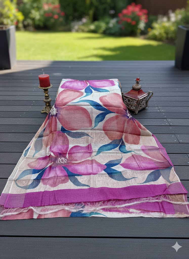 Handpainted Floral Tussar Silk Saree in Shades of Pink and Teal - SS 198