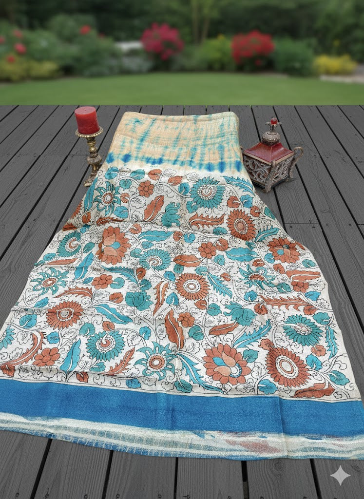 Beige and Teal Handcrafted Tussar Silk Saree with Ajrakh and Kalamkari Accents - SS 201