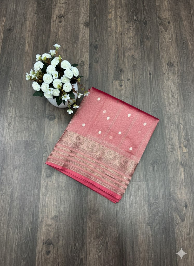Crimson Red Metallic Linen Saree with Gold Zari Border and Butis - SS 304