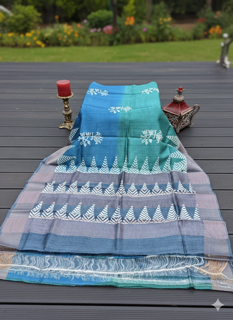 Teal Blue Handcrafted Tussar Silk Saree with White Chevron and Lotus Motifs - SS 188