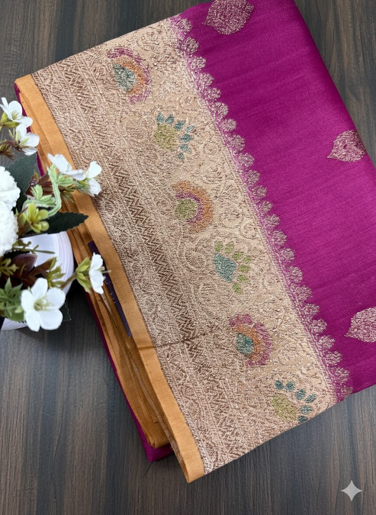 Hot Pink Silk Saree with Grand Multi-Coloured Golden Zari Pallu - SS 319