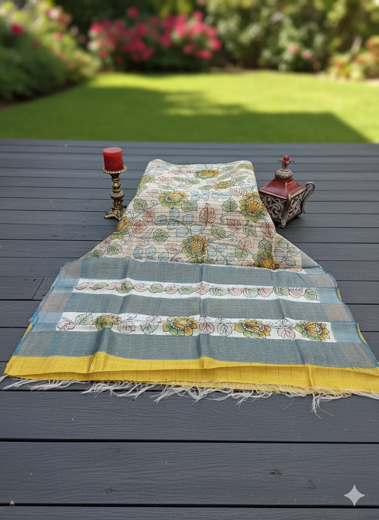 Hand-Painted Floral Tussar Silk Saree in Mustard and Teal Checks - SS 195