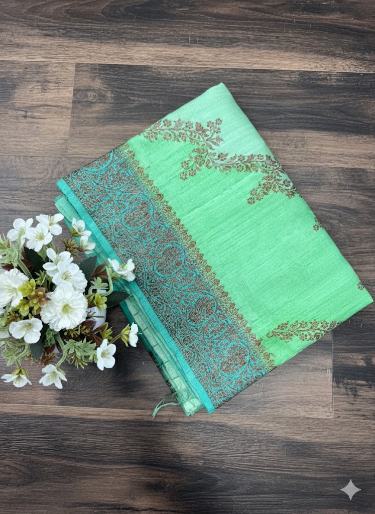 Ombre Mint Green Saree with Cascading Vine Threadwork and Antique Zari Border - SS 323