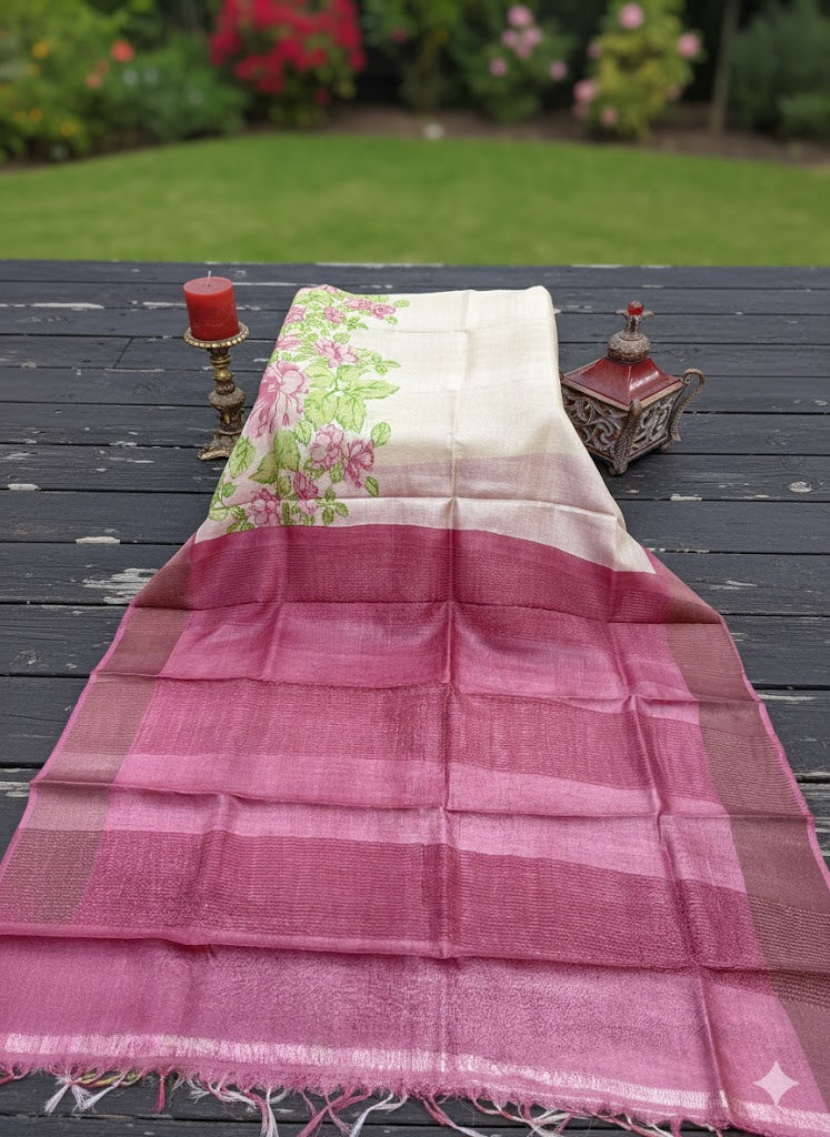 Blush Pink Floral Tussar Silk Saree with Hand-Block Print and Solid Pallu - SS 189