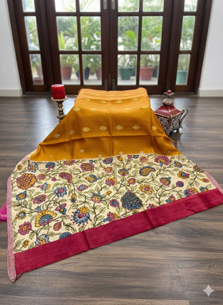 Mustard Raw Mango Silk Saree with Hand-Painted Kalamkari Pallu & Contrast Border - SS 159